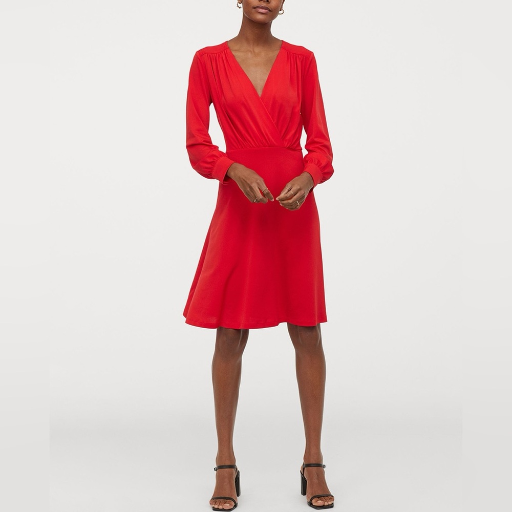 H&M Red V Cut Dress Size 12 Women Satin Printed